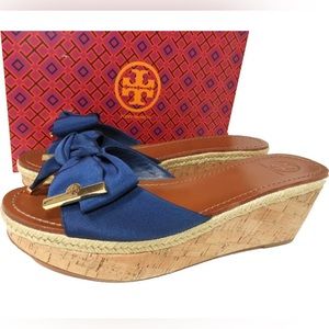 Tory Burch Penny Sandals Cork Wedge Navy Bow Slides Shoes 9